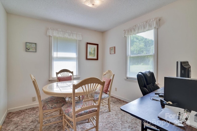 carpeted dining space with a textured ceiling