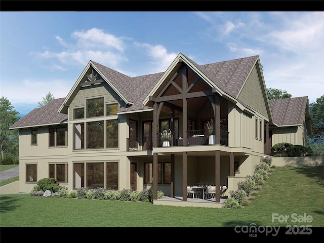 2015 Deep Gap Farm Rd W, Mill Spring, NC 28756 - rear view of property with a lawn, a patio, a shingled roof, and a balcony
