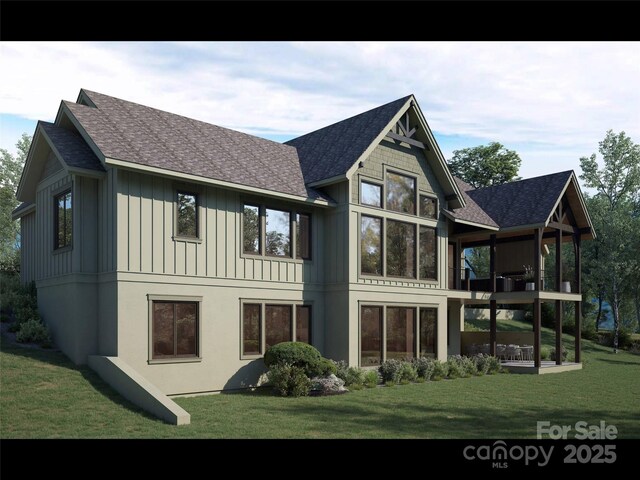 2015 Deep Gap Farm Rd W, Mill Spring, NC 28756 - back of property with a lawn, board and batten siding, and a shingled roof
