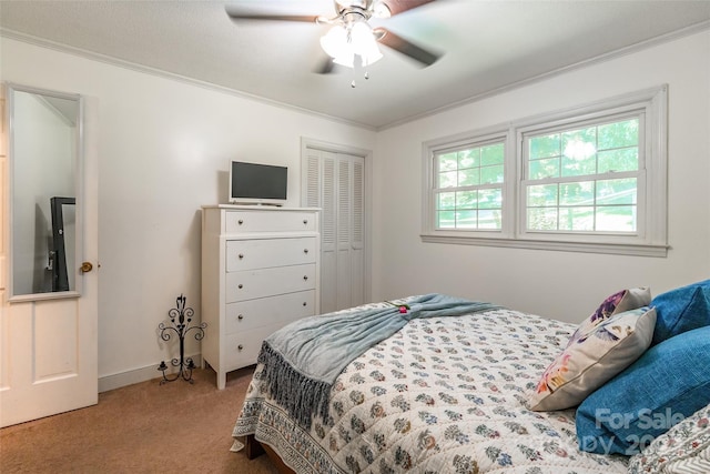 carpeted bedroom with ceiling fan, crown molding, and a closet