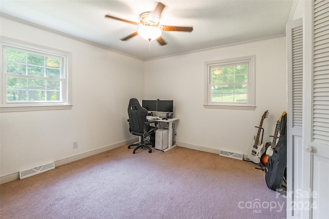 carpeted home office with plenty of natural light, ceiling fan, and ornamental molding