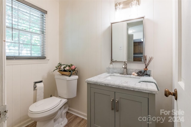 bathroom with wood-type flooring, toilet, and vanity