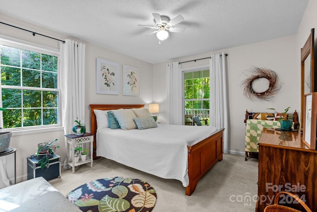 carpeted bedroom with ceiling fan, a textured ceiling, and multiple windows