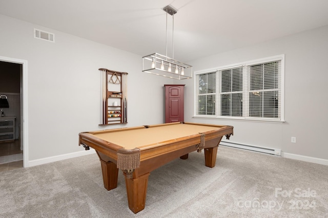 playroom with a baseboard heating unit, billiards, baseboards, carpet flooring, and visible vents