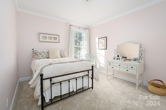 bedroom with light colored carpet and ornamental molding