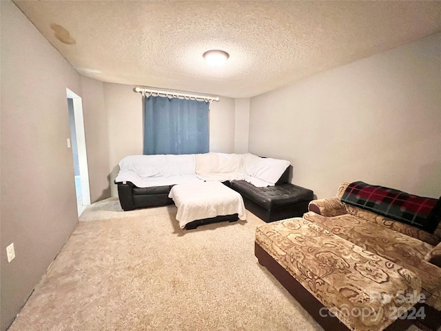 bedroom with a textured ceiling and carpet