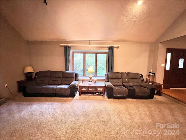 living room featuring a textured ceiling, lofted ceiling, and carpet flooring