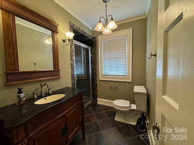 bathroom featuring a shower with shower door, vanity, a notable chandelier, crown molding, and toilet