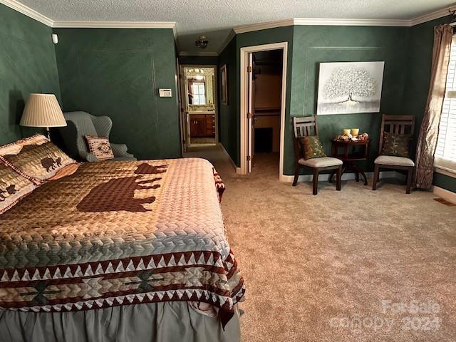 carpeted bedroom with ornamental molding, ensuite bathroom, a textured ceiling, a walk in closet, and a closet