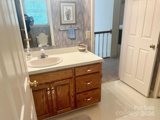 bathroom with hardwood / wood-style floors, vanity, and toilet