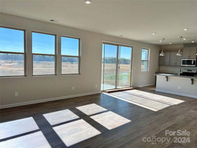 unfurnished living room with sink and dark hardwood / wood-style flooring