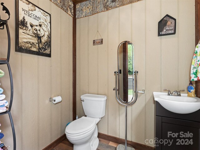 bathroom with wood-type flooring, vanity, and toilet