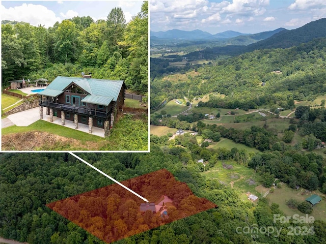 birds eye view of property featuring a mountain view