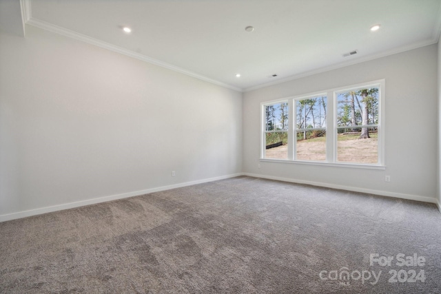 carpeted spare room with ornamental molding and baseboards