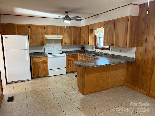 kitchen featuring white appliances, sink, ceiling fan, light tile patterned floors, and kitchen peninsula