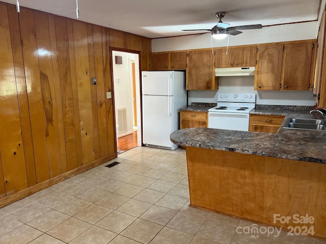 kitchen featuring kitchen peninsula, white appliances, ceiling fan, sink, and wood walls