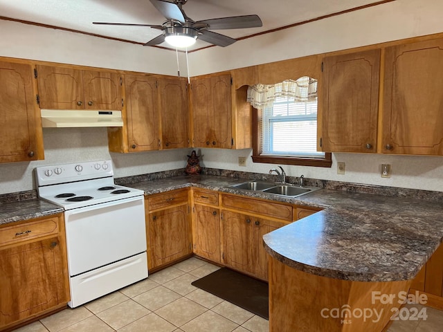 kitchen with electric stove, sink, ceiling fan, light tile patterned floors, and kitchen peninsula