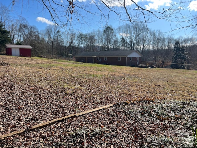 view of yard featuring a storage shed