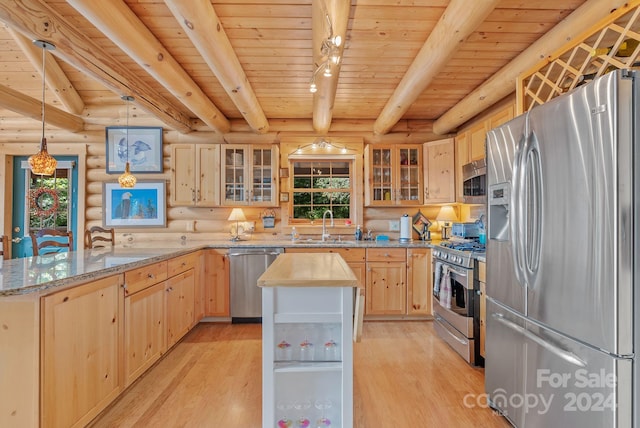 kitchen with wood ceiling, stainless steel appliances, light hardwood / wood-style flooring, and log walls