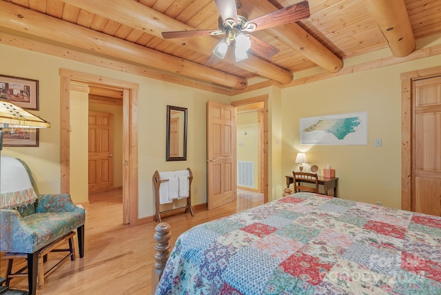 bedroom featuring wood ceiling, ceiling fan, light hardwood / wood-style floors, and beam ceiling