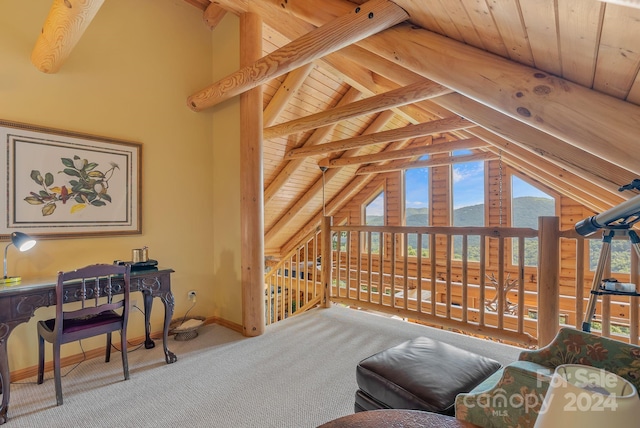 living room featuring wood ceiling, carpet, and vaulted ceiling with beams