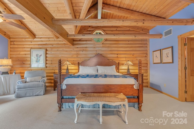 bedroom with wooden ceiling, vaulted ceiling with beams, log walls, and carpet floors