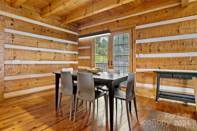 dining room with light wood-type flooring, wood ceiling, wood walls, and beam ceiling