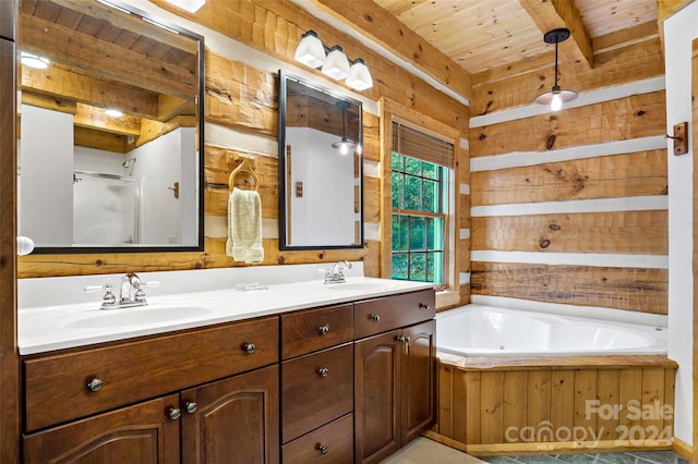 bathroom with wooden ceiling, vanity, wooden walls, and shower with separate bathtub