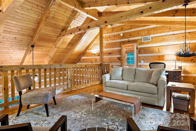 unfurnished living room featuring wooden ceiling, vaulted ceiling with beams, wood finished floors, wood walls, and visible vents
