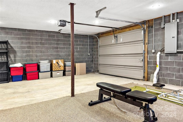 garage featuring electric panel and a garage door opener