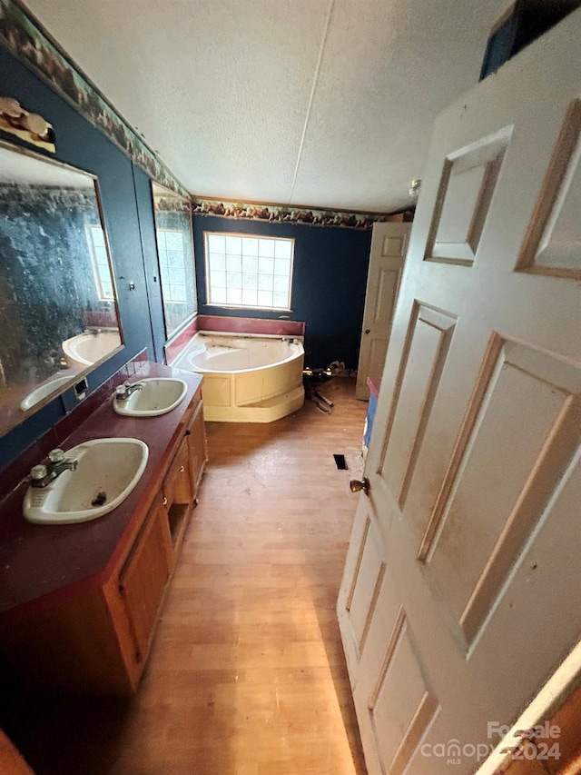 bathroom featuring a textured ceiling, vanity, hardwood / wood-style flooring, and a washtub