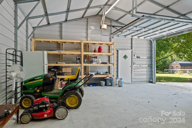 garage with white fridge