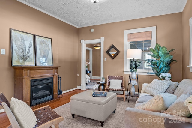 living room featuring a textured ceiling, light hardwood / wood-style floors, and ornamental molding