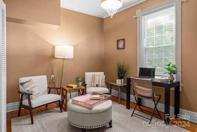 office space featuring light wood-type flooring, crown molding, and a healthy amount of sunlight