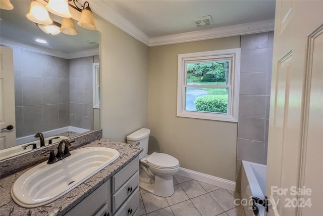 bathroom featuring toilet, tile patterned flooring, vanity, a bath, and crown molding