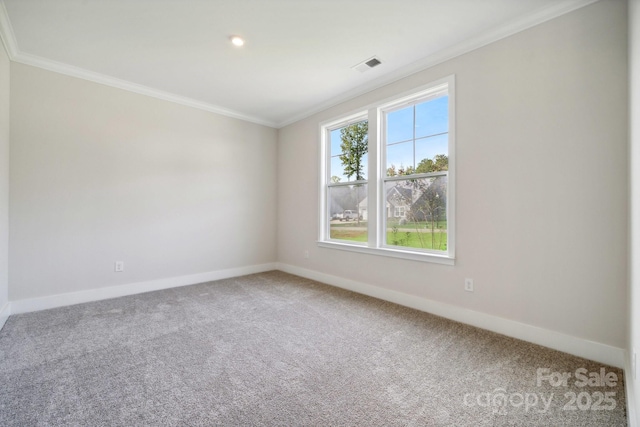 unfurnished room featuring carpet flooring and ornamental molding