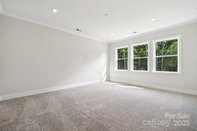 carpeted empty room with ornamental molding