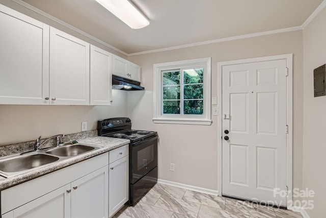 kitchen featuring ornamental molding, under cabinet range hood, a sink, and electric range