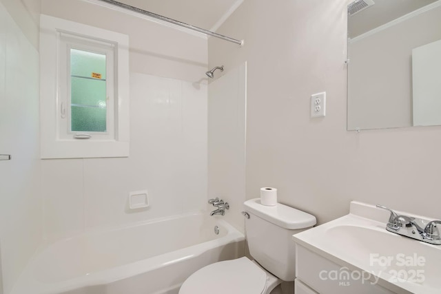 full bath featuring toilet, shower / bath combination, visible vents, vanity, and ornamental molding