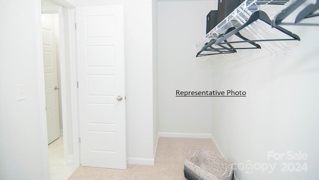 walk in closet featuring light carpet