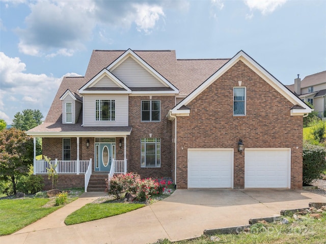view of front of home featuring brick siding, a porch, concrete driveway, and an attached garage
