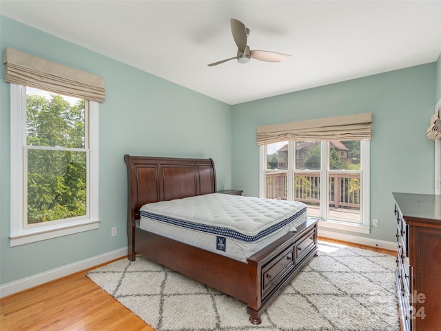 bedroom featuring light hardwood / wood-style flooring, ceiling fan, and multiple windows