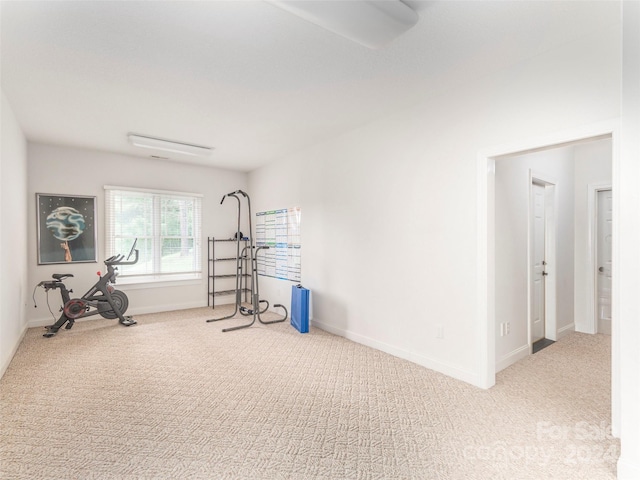 workout area featuring light colored carpet