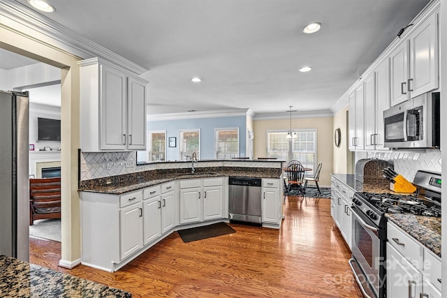 kitchen with dark wood finished floors, crown molding, appliances with stainless steel finishes, a sink, and a peninsula