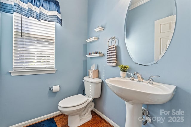 bathroom with wood finished floors, toilet, and baseboards