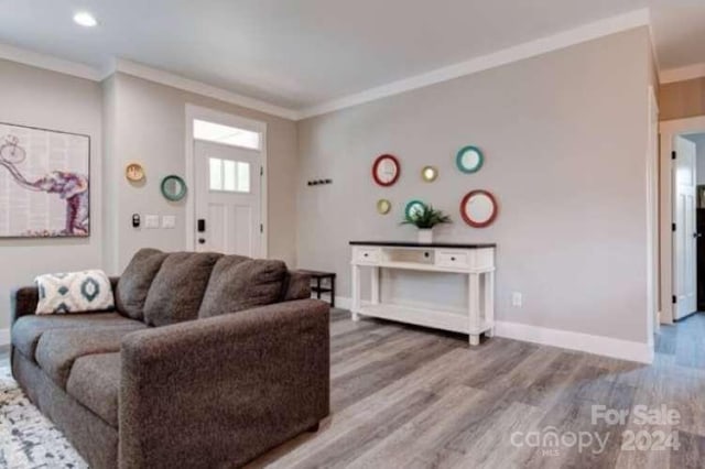 living room with ornamental molding and wood-type flooring