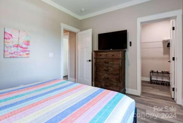 bedroom with a closet, a spacious closet, light hardwood / wood-style floors, and crown molding