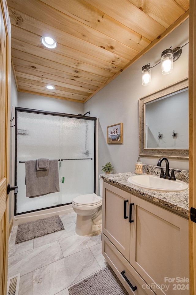 bathroom with vanity, toilet, walk in shower, and wood ceiling