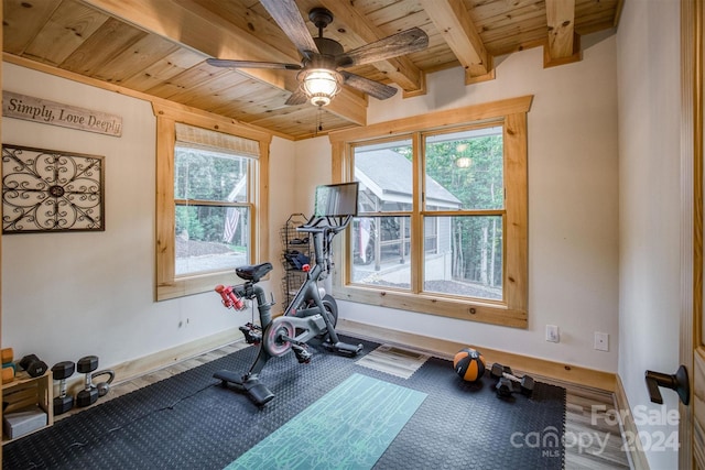 exercise area with ceiling fan and wooden ceiling