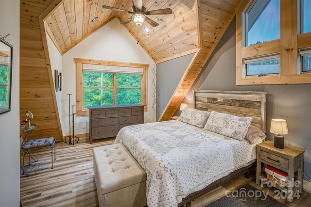 bedroom with light wood-type flooring, wood ceiling, high vaulted ceiling, and ceiling fan